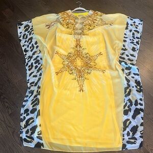 Leopard scarf print chiffon kaftan maxi dress  is goddess yellow. Resort wear